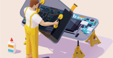 Isometric style graphic of tiny worker removing glass from a phone on jackstands