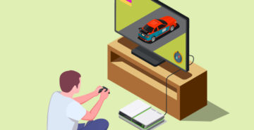 Isometric graphic of guy sitting on floor in front of TV playing a console with a wireless controller.