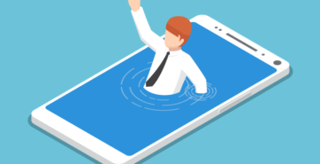 Isometric graphic of man drowning in a phone that's rendered as a pool