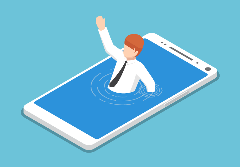 Isometric graphic of man drowning in a phone that's rendered as a pool